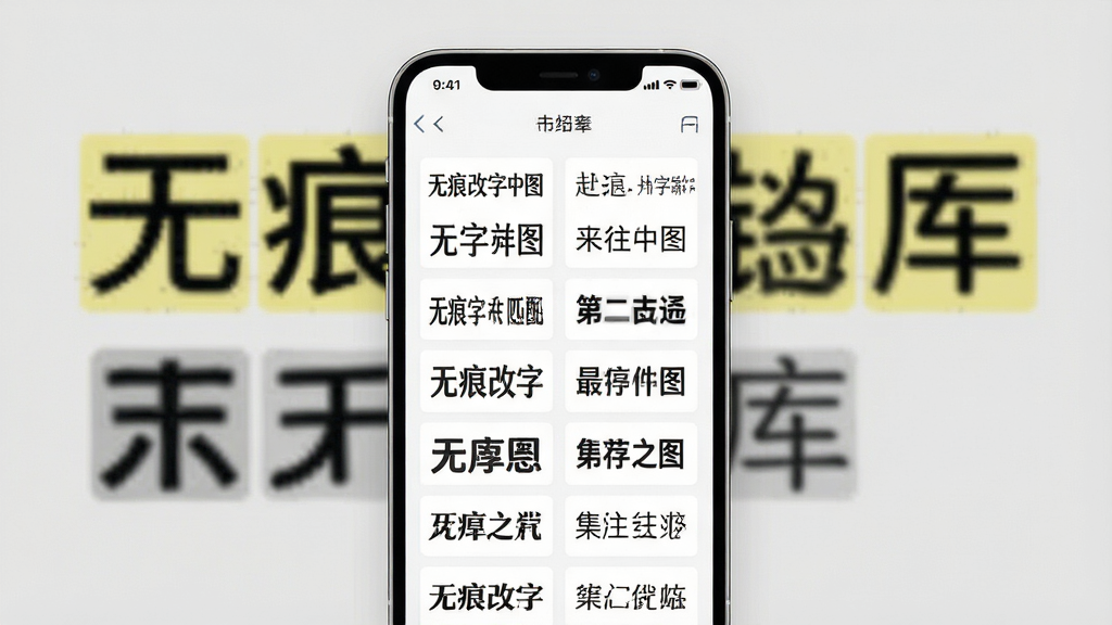 一张展示无痕改字P图多字体匹配库功能的图片,画面中一部手机屏幕显示着字体选择面板,面板上排列着多种不同风格的字体预览,手机背景是一张带有文字的图片,文字部分被高亮显示,主体是手机与字体面板,布局为居中展示,风格为UI界面展示图,细节上体现字体的多样性与清晰度,画质清晰,画面干净,无多余元素