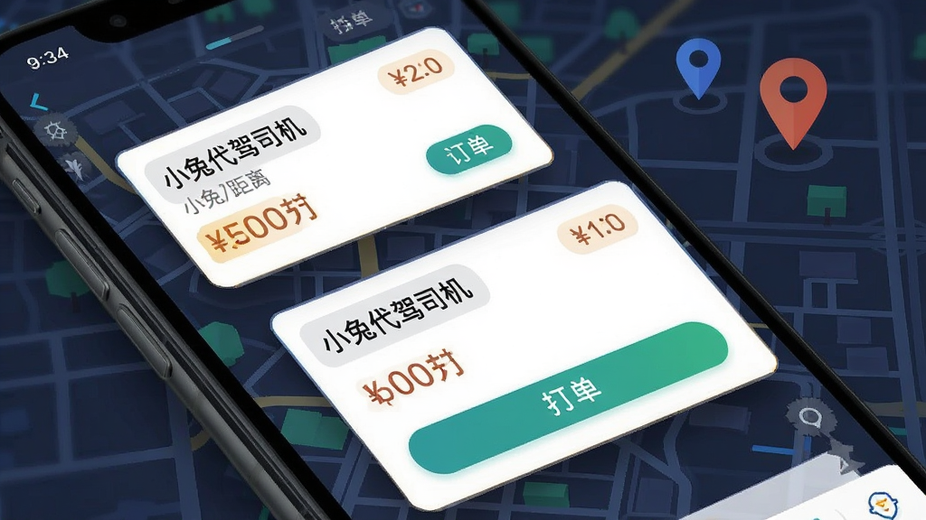手机屏幕特写展示“小兔代驾司机”订单推送界面,画面中有多个订单卡片浮动,背景为城市地图与定位图标,布局为手机界面截图风格,风格为科技感扁平化设计,细节包含距离数字、价格标签、接单按钮,画质高清,干净,无多余元素