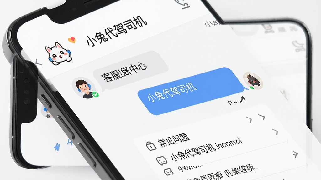 手机屏幕展示“小兔代驾司机”客服中心界面,画面中有在线客服对话框、电话图标、常见问题列表,背景为白色简洁风格,布局为手机应用界面,风格为友好亲和的扁平化设计,细节包含“小兔代驾司机”文字标识、客服头像、消息气泡,画质高清,干净,无多余元素