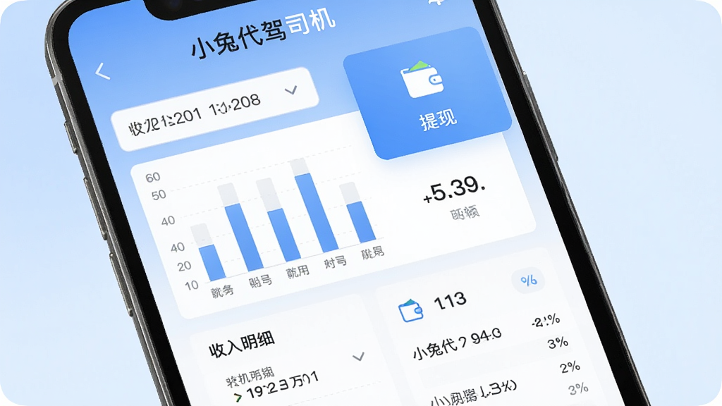手机屏幕显示“小兔代驾司机”收益统计页面,画面中有柱状图、金额数字、提现按钮,背景为淡蓝色渐变,布局为数据仪表盘风格,风格为清新商务扁平化,细节包含日期筛选、收入明细列表、钱包图标,画质高清,干净,无多余元素