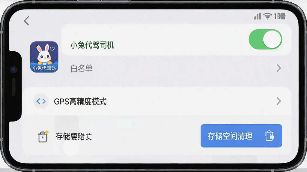 手机屏幕显示“小兔代驾司机”设置界面,画面中有电池优化白名单开关、GPS高精度模式选项、存储空间清理按钮,背景为浅灰色,布局为手机设置页面,风格为简洁实用扁平化,细节包含“小兔代驾司机”应用图标、权限管理列表,画质高清,干净,无多余元素