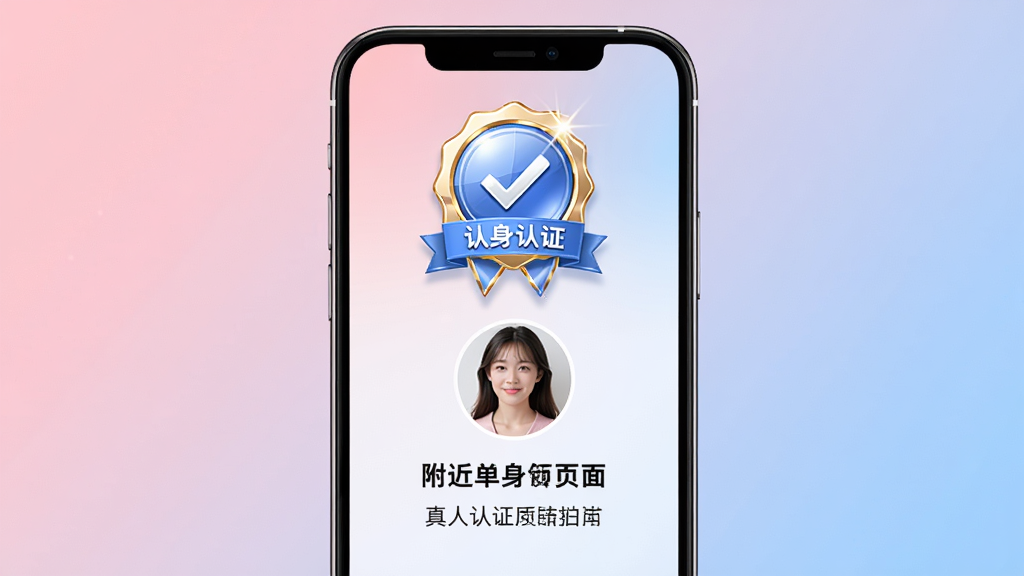 附近单身交友真人认证页面,画面中央是手机屏幕显示认证徽章与用户头像,背景为柔和的粉蓝渐变,布局采用上下结构、上方为认证图标下方为文字说明,风格安全可信,细节包括徽章带有光泽质感、认证文字清晰,画质高清,干净无多余元素