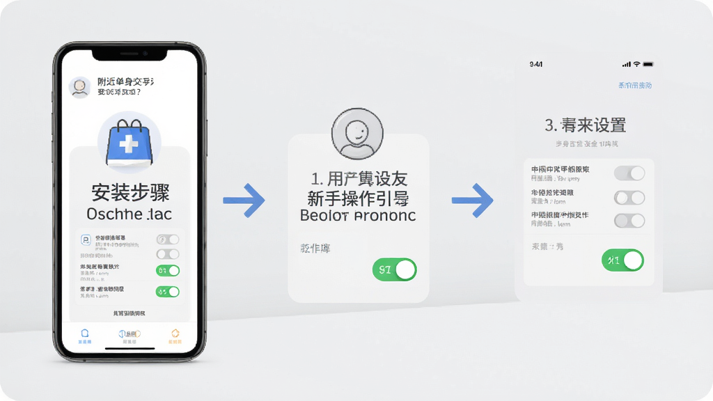 附近单身交友新手操作引导图,画面展示手机屏幕内安装步骤与权限设置界面,背景为浅灰色,布局采用分步流程图形式、每步配有图标和文字说明,风格简洁明快,细节包括箭头指示清晰、权限开关状态明确,画质高清,干净无多余元素
