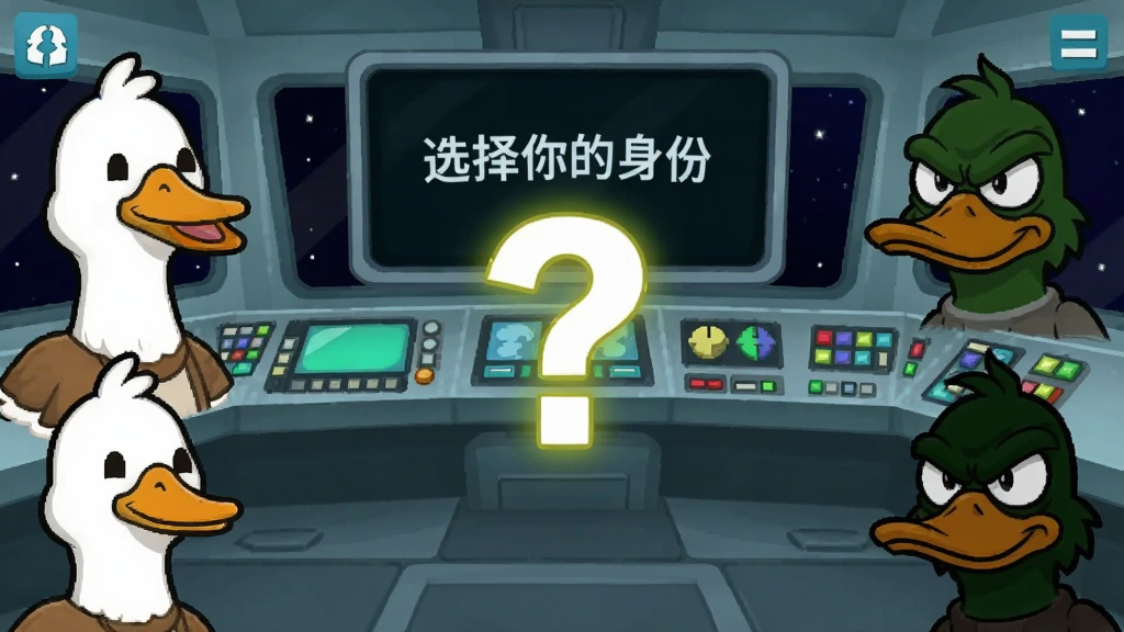 一张鹅鸭杀游戏内的角色选择界面截图风格插画,画面左侧是一排可爱的鹅角色头像,右侧是一排阴险的鸭子角色头像,中间用发光的问号分隔,背景是太空舱内部的控制台,屏幕上显示着“选择你的身份”,整体风格为2D卡通,色彩对比鲜明,画质清晰,干净无多余元素