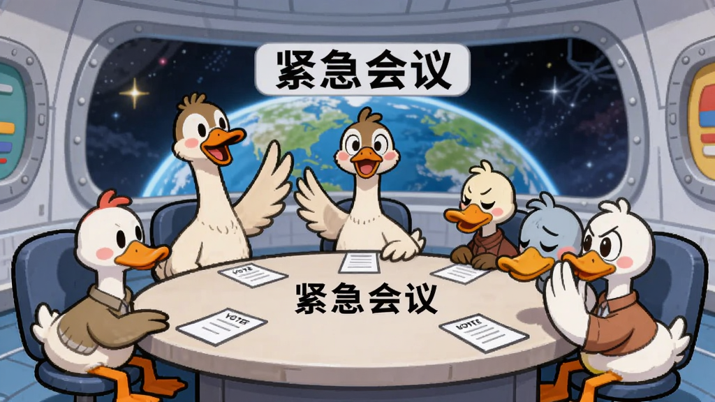 一群可爱的鹅和鸭子在太空飞船的会议室里围坐在圆桌旁,有的鹅在激动地挥舞翅膀发言,有的鸭子低头窃窃私语,桌上散落着投票纸条,背景是巨大的舷窗和地球,画面中央写着“紧急会议”,整体风格为卡通动漫,氛围紧张又搞笑,画质高清,干净无多余元素