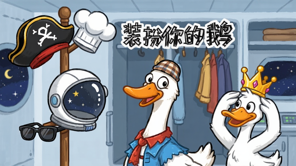 一只穿着各种搞怪服装的鹅站在衣帽架前,衣帽架上挂着海盗帽、厨师帽、宇航员头盔、墨镜等配饰,旁边还有一只鸭子偷偷试戴王冠,背景是太空舱的衣柜间,画面中央写着“装扮你的鹅”,整体风格为卡通搞笑,色彩丰富,画质高清,干净无多余元素