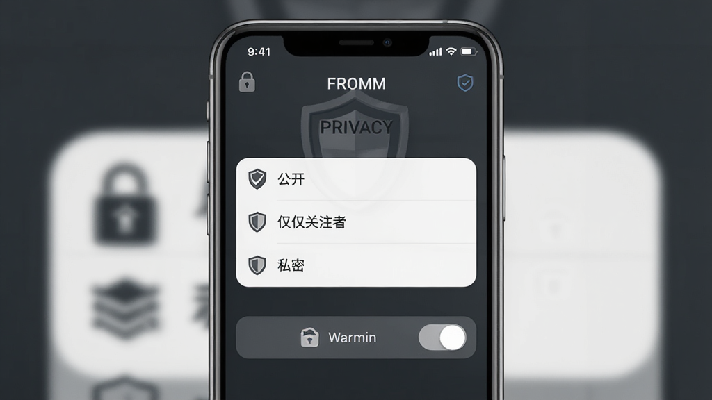 一张展示 Fromm 隐私设置界面的手机截图风格图,画面中央是手机屏幕,屏幕内显示隐私选项列表,包括公开、仅关注者、私密三个选项,下方有水印开关按钮,背景为深灰色安全主题,风格稳重可信,细节包括锁形图标、盾牌图标,画质清晰,干净,无多余元素