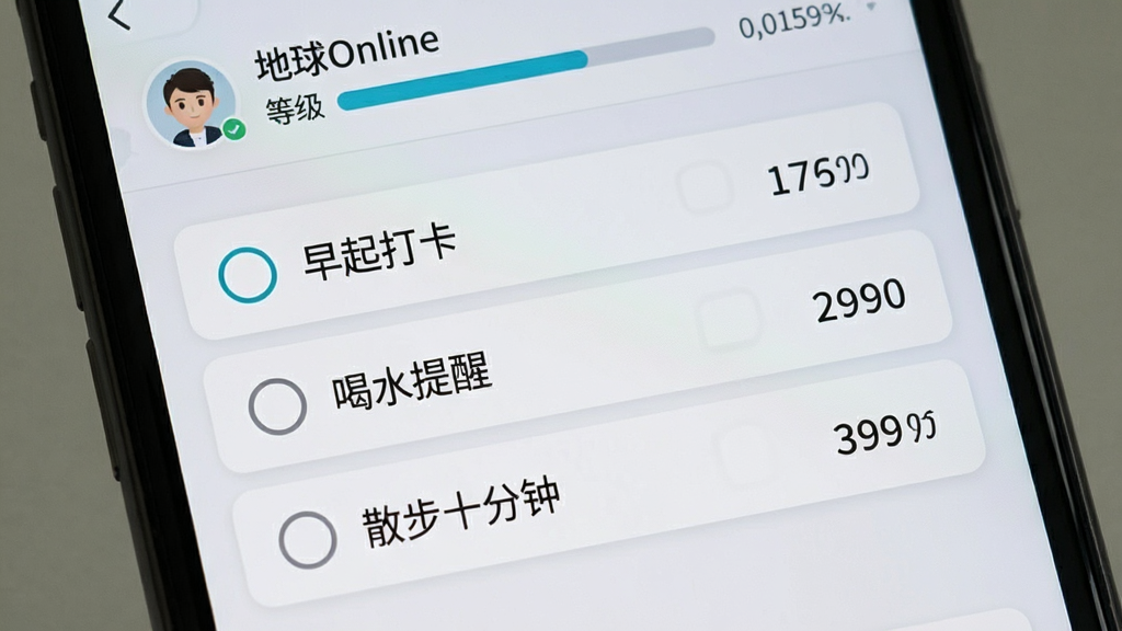 地球Online应用内任务列表界面展示图,画面主体为手机屏幕截图,屏幕中显示“地球Online”任务面板,包含“早起打卡”“喝水提醒”“散步十分钟”三条任务条目,每条任务左侧有圆形复选框,右侧有经验值数字,背景为浅灰色卡片式布局,风格清新简约,细节包括顶部有用户头像和等级进度条,画质清晰,干净,无多余元素