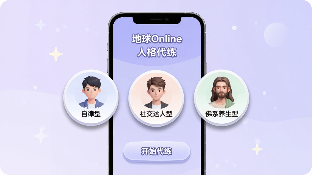 地球Online人格代练选择界面示意图,画面中央为手机屏幕,屏幕内显示“地球Online”人格代练页面,页面中有三个圆形人格卡片,分别标注“自律型”“社交达人型”“佛系养生型”,卡片下方有“开始代练”按钮,背景为淡紫色渐变,风格柔和圆角,细节包括卡片边缘有轻微阴影,画质清晰,干净,无多余元素