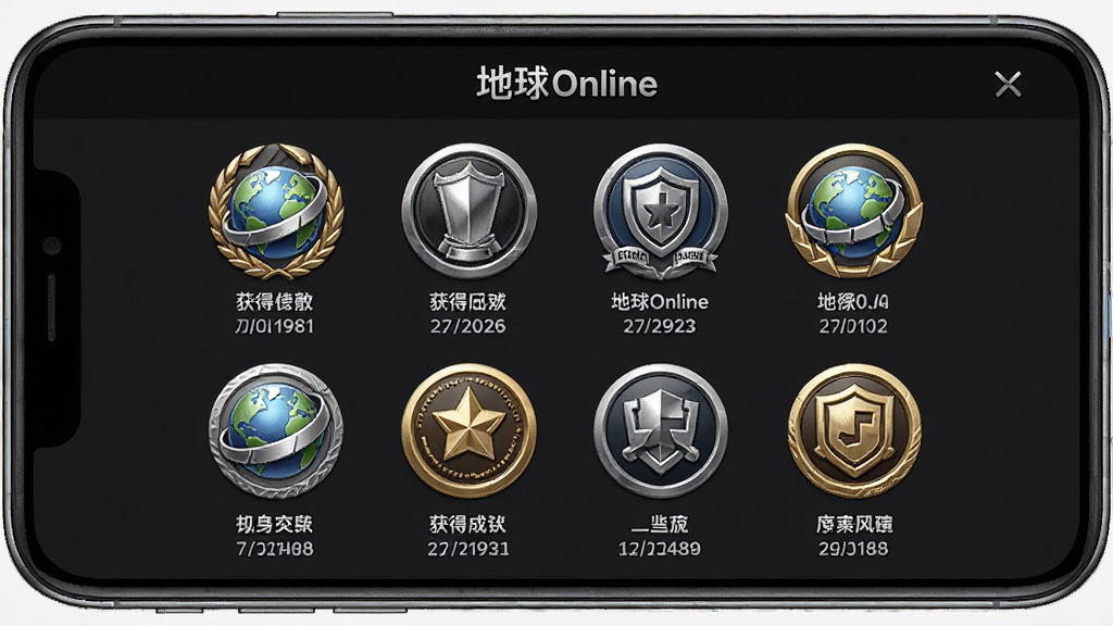 地球Online成就徽章墙展示图,画面主体为手机屏幕,屏幕内显示“地球Online”个人成就页面,页面中排列着十二枚不同风格的圆形徽章,徽章下方有名称和获得日期,背景为深色模式,风格精致细腻,细节包括徽章有金属光泽和微立体效果,画质清晰,干净,无多余元素