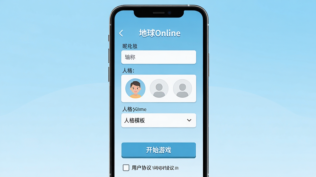 地球Online新手设置引导页面示意图,画面主体为手机屏幕,屏幕内显示“地球Online”初始设置界面,包含昵称输入框、头像选择区和人格模板下拉菜单,背景为浅蓝色渐变,风格清爽扁平,细节包括底部有“开始游戏”按钮和用户协议勾选框,画质清晰,干净,无多余元素