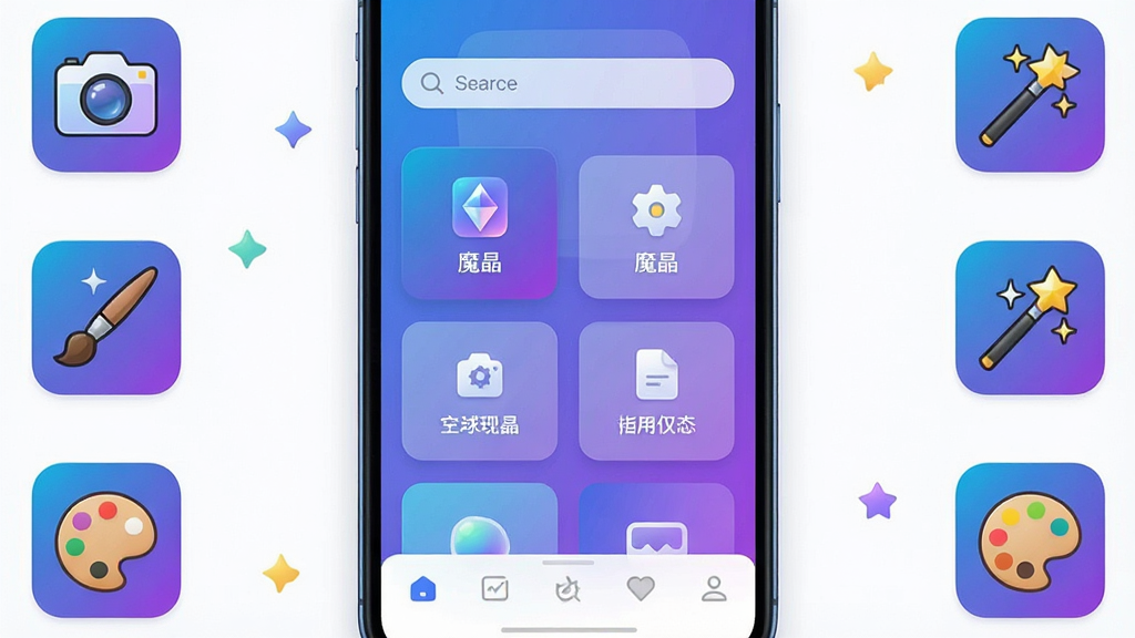 一张展示智能手机屏幕的图片,屏幕中央显示“魔晶”软件主界面,界面布局为顶部搜索栏、中部功能卡片、底部导航栏,周围环绕着相机、画笔、魔法棒、调色板等小图标,整体采用蓝紫渐变科技风格,画面干净整洁,画质清晰,无多余元素。