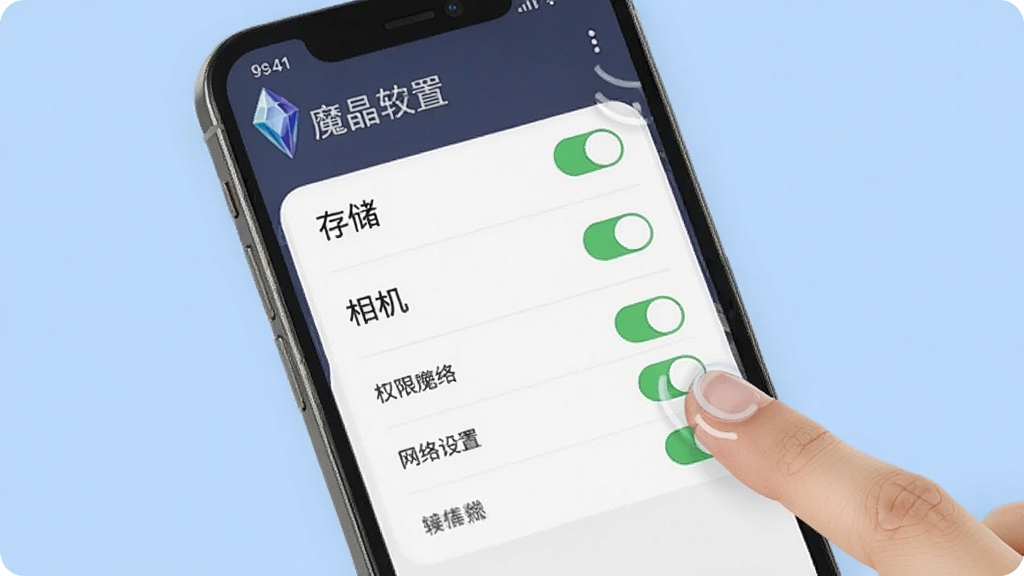 一张展示“魔晶”软件在手机上运行时的权限设置界面截图风格图片,画面中列出存储、相机、网络等权限开关,旁边有手指点击的示意,背景为浅蓝色,风格简洁明了,画质清晰,无多余元素。