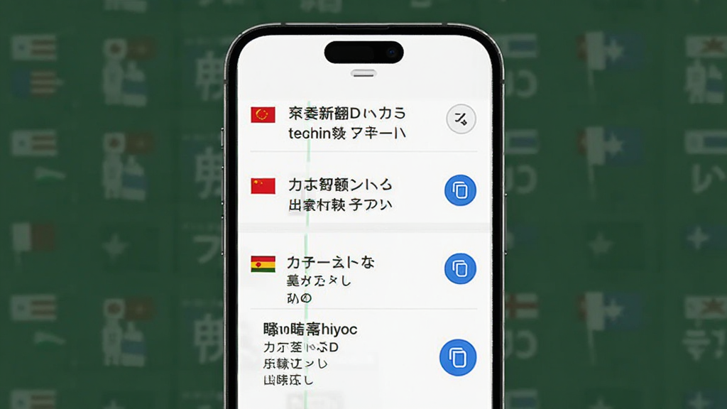 AI翻译全能王多语言翻译界面展示图,画面主体为手机屏幕显示中英日韩四种语言对照翻译结果,布局为上下分栏排版,风格简约现代,细节包含语言旗帜图标与复制按钮,画质清晰干净无多余元素