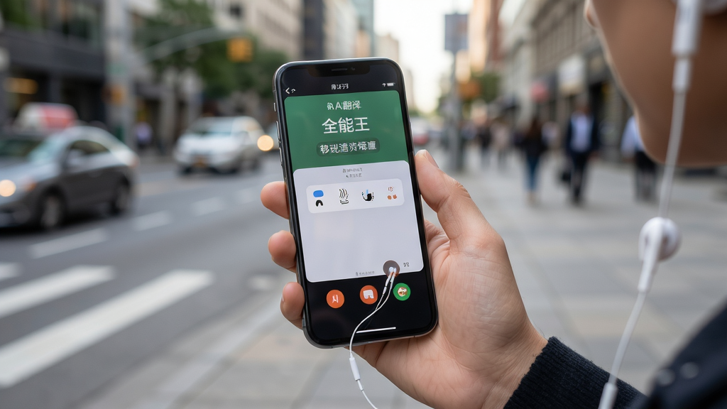 AI翻译全能王移动端使用场景图,画面为手持手机在户外使用语音翻译功能,背景为城市街道,布局为人物手持视角,风格生活化真实感,细节包含手机屏幕翻译界面与耳机,画质清晰干净无多余元素