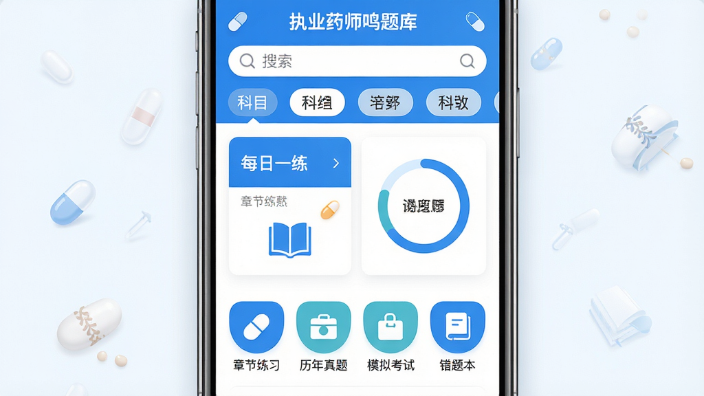 �ֻ���Ļ������չʾ��ִҵҩʦ����⡱APP�����棬�����Ϸ���������Ϳ�Ŀ�����ǩ���м���ÿ��һ����Ƭ�ͽ��Ȼ���ͼ���·������½���ϰ���������⡢ģ�⿼�ԡ����Ȿ�ĸ�����ͼ�꣬���岼�����������Ϊ��ˬҽ��������ɫ��ϸ�ڰ���ҩ��ͼ����鱾Ԫ�ص�׺�����ʸ��壬����ɾ����޶���Ԫ��