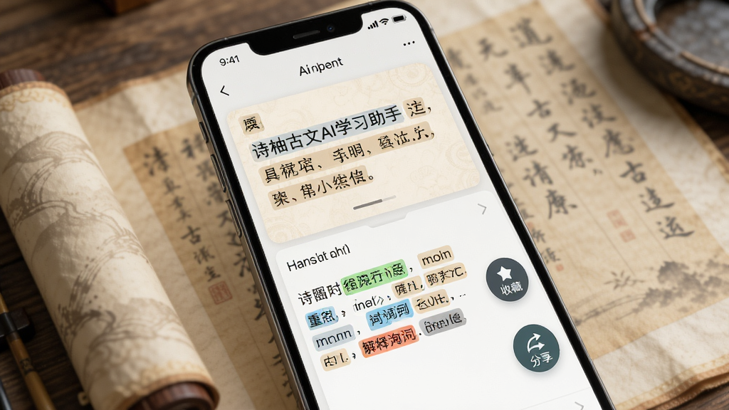 ʫ�ֹ���AIѧϰ����AI�������ܽ��棬����չʾ�ֻ���Ļ��AI���ڶ�һ�ι��Ľ�����䷭���ע�ͣ���Ļ�Ϸ���ʾԭ�ģ��·���ʾ���ĺ��ص�ʻ������ע�������Ҳ����ղغͷ�����ť������Ϊ��͵�����������������ִ���ϸ�ڰ��������Ű桢����ɫ�顢ͼ�갴ť�ȣ������������ɾ��޶���Ԫ��