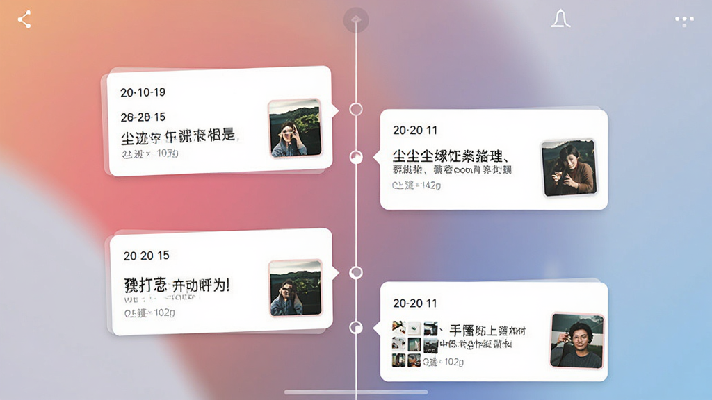 一张手机应用界面截图,展示尘迹App的时光轴功能,屏幕上有一条垂直的时间线,线上分布着不同日期的记录卡片,包含文字和缩略图,界面排版整齐,风格现代简约,背景是柔和的渐变色彩,画面干净无杂物,高质量UI展示