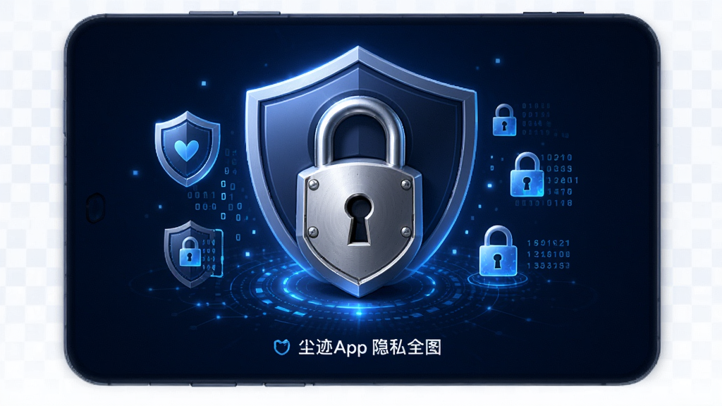 尘迹App的安全锁界面概念图,画面中央是一个精致的锁形图标,周围环绕着盾牌和数据加密符号,背景是深蓝色调,科技感与安全感并存,界面简洁,突出隐私保护主题,画质清晰