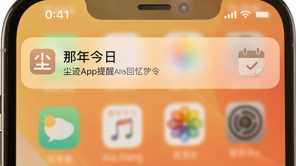一张手机通知栏的截图,显示尘迹App推送的回忆提醒通知,通知内容为“那年今日”,背景是柔和的暖色调,通知卡片设计精致,带有小图标,画面简洁,突出提醒功能,高质量渲染图