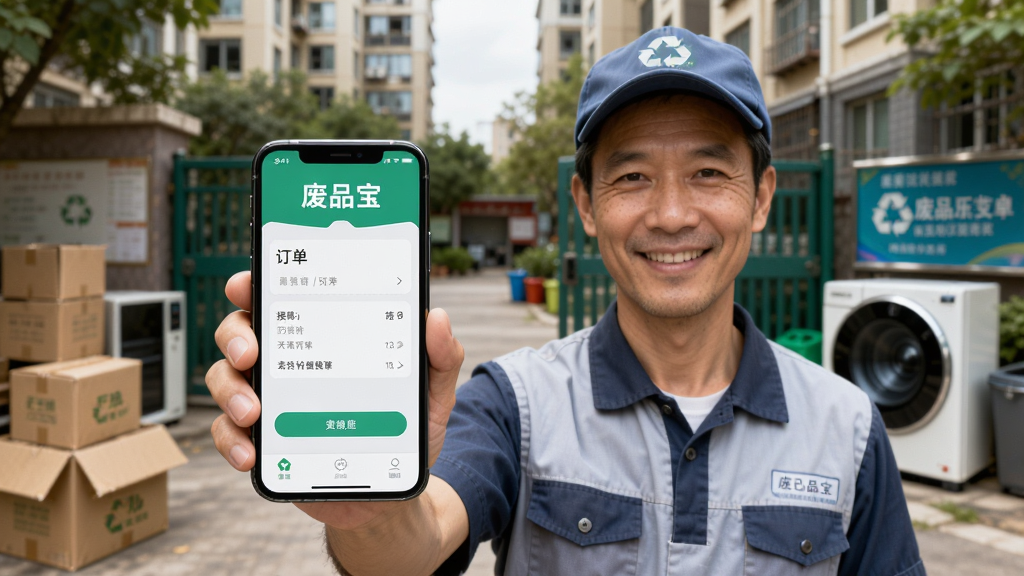 画面展示一位回收人员手持手机,手机屏幕显示