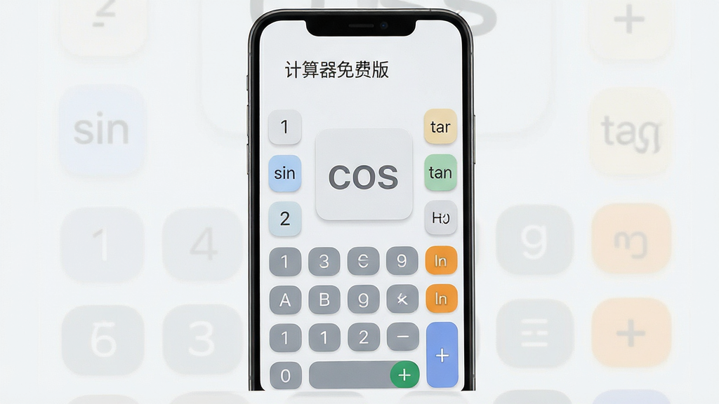 一款名为计算器免费版的安卓应用界面展示,画面主体为手机竖屏,屏幕内呈现科学计算模式下的完整键盘布局,包含sin、cos、tan、log、ln等高级函数按键,背景为浅色极简风格,按键采用圆角矩形设计,色彩柔和,画面排版整齐有序,风格为现代移动应用UI设计,细节上体现按键图标清晰锐利,画质高清,干净无杂乱元素
