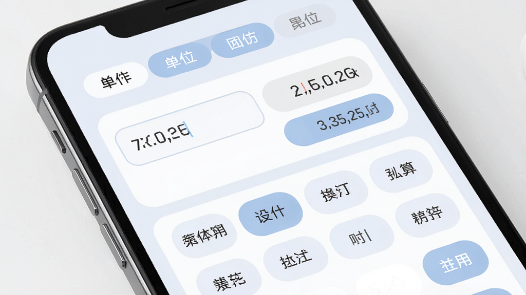 计算器免费版内置单位换算工具的界面展示,画面中手机屏幕显示长度换算面板,上方有单位类别切换标签,中间为输入框与结果输出框,下方是常用单位选择列表,风格为浅色系卡片式布局,细节上体现数值清晰、按钮圆润,画质高清,画面整洁无多余元素