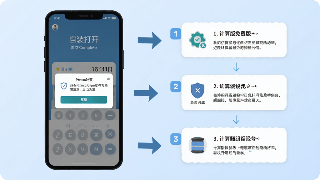 计算器免费版在新手引导下的操作流程图,画面中手机屏幕显示安装完成后的首次打开界面,有权限请求弹窗和功能引导提示,背景为淡蓝色渐变,风格为扁平化教程插图,细节上体现步骤编号和箭头指示,画质高清,画面干净无多余装饰