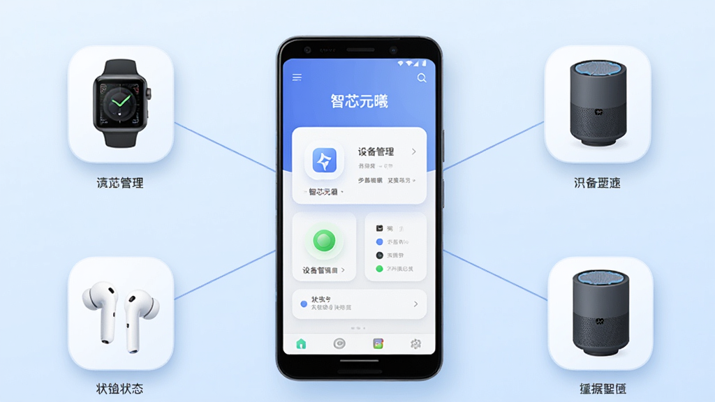 画面中央摆放一部安卓手机,手机屏幕显示“智芯元曦”应用主界面,界面包含设备管理卡片和状态指示灯;手机周围环绕智能手表、无线耳机、智能音箱等设备图标,用细线连接手机形成协同网络;背景为浅蓝色渐变,布局采用中心放射式构图,风格为现代科技扁平插画,细节包括圆角图标、柔和阴影、简洁标签;画质清晰,干净,无多余元素