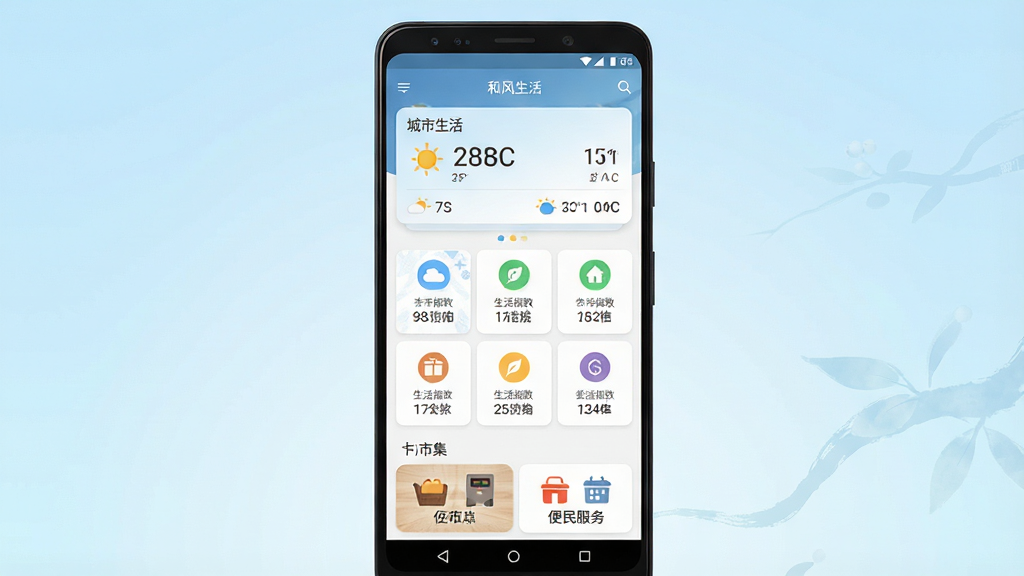 一张展示和风生活手机应用主界面的预览图,画面中央是一台竖屏安卓手机,屏幕内显示和风生活APP的首页,顶部为城市天气信息卡片,中部排列生活指数图标,底部为市集与便民服务入口。背景为浅蓝色渐变,风格清新简约,细节干净,画质清晰,无多余元素,手机屏幕内文字标注为“和风生活”。
