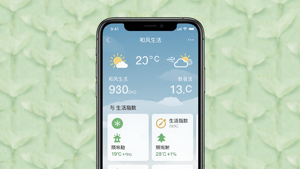 一张展示和风生活天气与生活指数功能界面的预览图,画面中央为手机屏幕,屏幕内显示天气详情页与生活指数卡片,卡片上有图标和简短文字说明。背景为柔和的浅绿色,风格清爽自然,布局整齐,细节清晰,画质干净,屏幕内文字标注为“和风生活”。