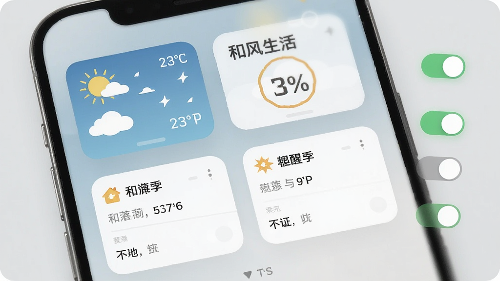 一张展示和风生活桌面小组件与提醒设置界面的预览图,画面中手机桌面排列着天气小组件和提醒卡片,旁边有设置开关图标。背景为浅灰色,风格现代简洁,排版清晰,细节干净,画质清晰,屏幕内文字标注为“和风生活”。