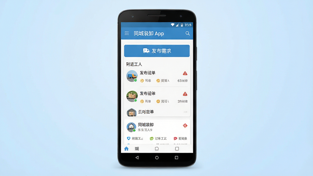 一张展示同城装卸App首页界面的手机预览图,画面中央是一部安卓手机,屏幕内显示“同城装卸”应用主页面,包含发布需求按钮、附近工人列表和订单卡片,背景为简洁的浅蓝色渐变,布局清晰,排版整齐,风格现代扁平化,细节上突出图标和文字标签,画质高清,干净,无多余元素