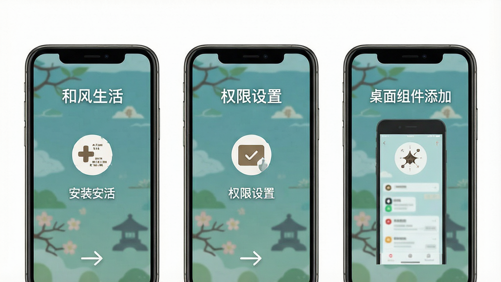 一张展示和风生活移动端操作流程的示意图,画面中手机屏幕依次展示安装、权限设置、桌面组件添加三个步骤,每个步骤配有简洁图标和文字标注。背景为纯白色,风格扁平化,布局从左到右排列,细节清晰,画质干净,屏幕内文字标注为“和风生活”。