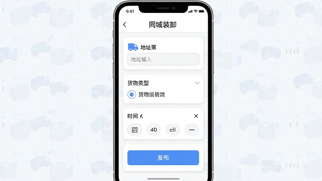 一张展示同城装卸App需求发布页面的手机截图风格插图,画面主体为手机屏幕,屏幕内显示“同城装卸”需求发布表单,包含地址输入框、货物类型选项、时间选择器和发布按钮,布局采用卡片式设计,排版工整,风格清新简约,细节上突出蓝色按钮和图标,画质清晰,干净,无多余元素
