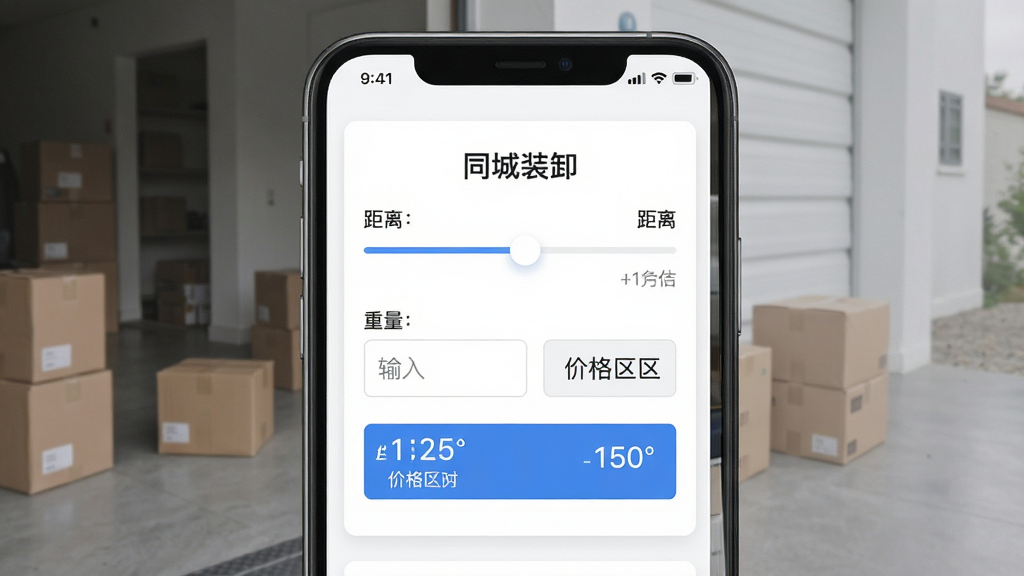 一张展示同城装卸App费用预估界面的手机界面图,画面中手机屏幕显示“同城装卸”费用计算器,包含距离滑块、重量输入框和价格区间展示条,背景为白色卡片风格,布局居中,排版清晰,风格商务简洁,细节上突出数字和单位,画质高清,干净,无多余元素