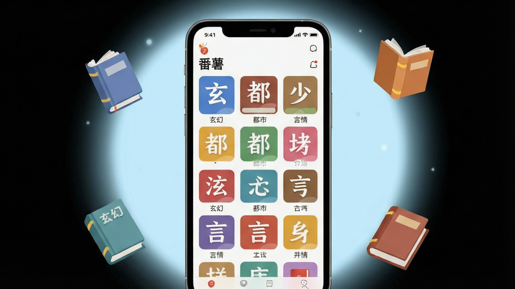 一张展示手机书城分类页面的图片,画面主体为一部竖屏手机,屏幕内呈现“番薯”APP的书籍分类网格,包含玄幻、都市、言情等彩色标签,背景为淡蓝色光晕,周围漂浮着几本迷你书籍模型,布局采用居中构图,风格扁平化插画,细节体现图标与文字清晰可辨,画质明亮,干净无杂乱元素