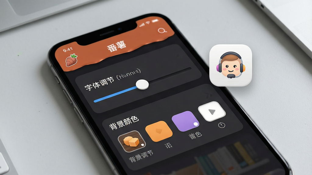 一张展示阅读设置面板的界面图,画面中央为手机屏幕特写,屏幕内显示“番薯”APP的字体调节滑块与背景颜色选项,旁边悬浮着一个小巧的耳机图标代表听书功能,背景为浅灰色工作台面,布局简洁直观,风格写实UI风格,细节呈现按钮质感与文字标注,画质清晰,干净无干扰元素