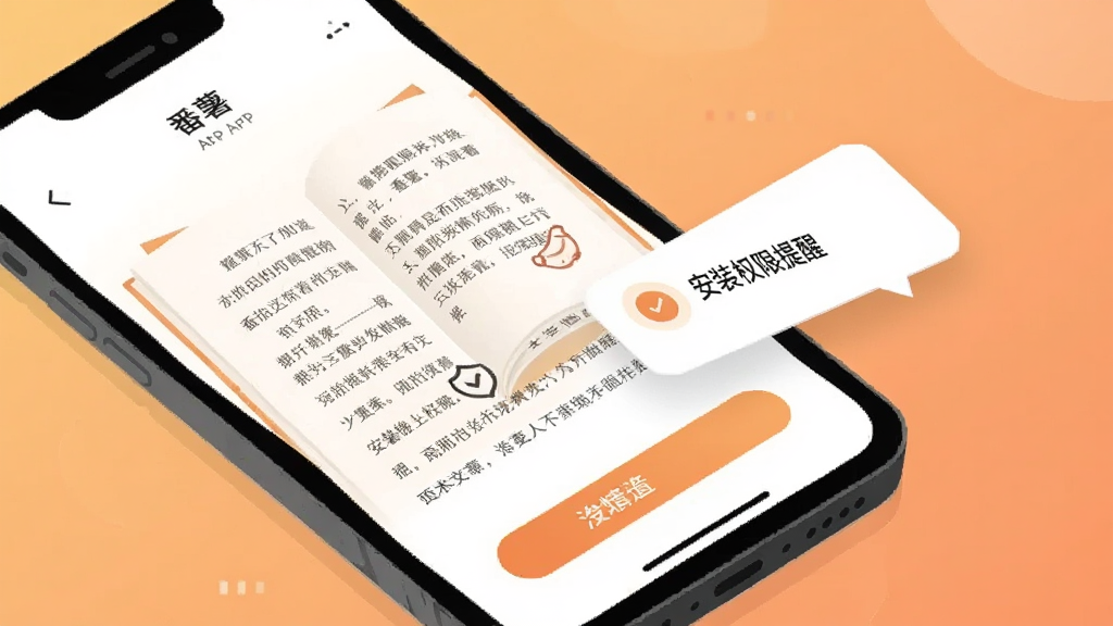 一部手机屏幕显示“番薯”APP的阅读界面,画面中有一本打开的小说书页,文字清晰可见,旁边悬浮着一个提示框写着“安装权限提醒”,背景为柔和的橙色渐变,布局采用对角线构图,风格扁平插画,细节突出安全图标与设置按钮,画质干净,无多余装饰元素