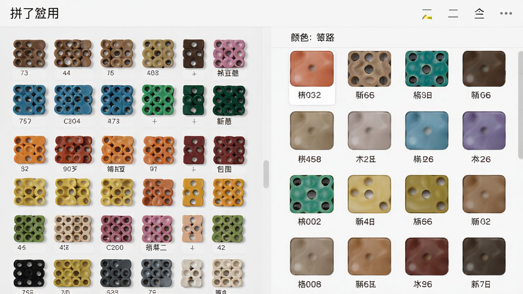 拼了豆应用中的颜色管理界面,画面左侧是排列整齐的彩色拼豆色块,右侧是当前图纸使用的颜色列表,每个色块下方标注色号和名称,背景为浅灰色,整体风格干净专业,画质清晰,无多余元素