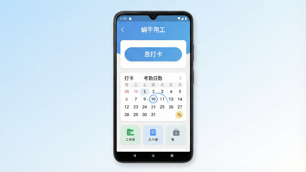 一张手机应用界面展示图,主体是一部竖屏安卓手机,屏幕中央显示“蜗牛用工”App的首页,页面上有打卡按钮、考勤日历、工资条入口等模块,布局简洁清晰,背景为浅蓝与白色渐变,风格为现代扁平化UI设计,细节包括圆角图标、淡灰色分割线、顶部状态栏,画质高清,干净整洁,无多余元素