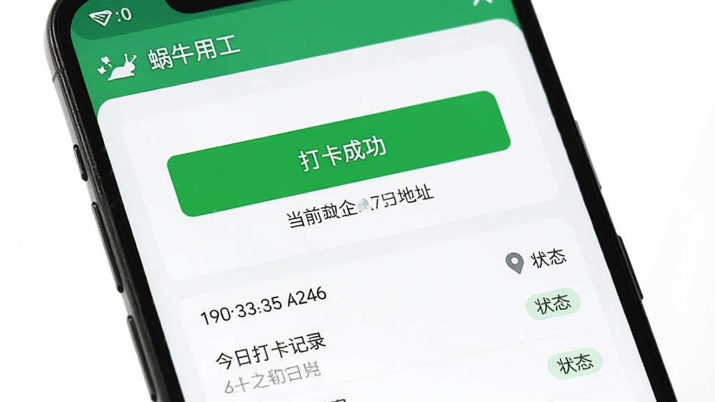 一部安卓手机屏幕特写,画面中“蜗牛用工”App的考勤打卡页面处于激活状态,显示绿色“打卡成功”按钮和当前定位地址,页面下方有今日打卡记录列表,背景为纯白卡片式布局,风格清爽简约,细节包括时间戳、地图定位小图标、状态标签,画质清晰,无杂乱元素
