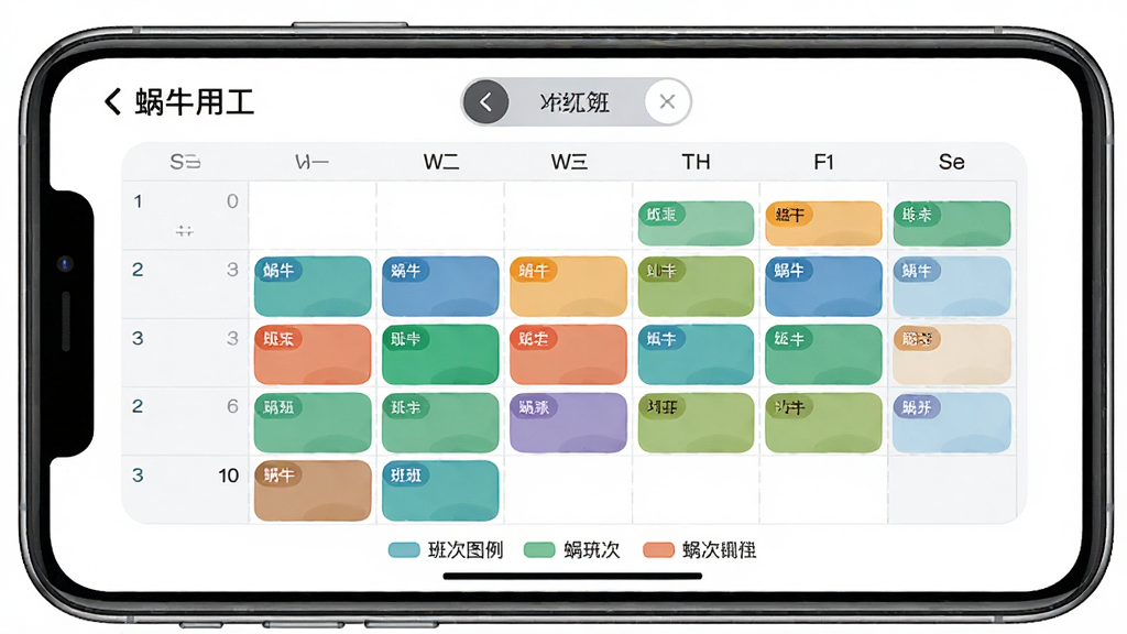 手机屏幕展示“蜗牛用工”App的排班管理界面,主体为一部横屏手机,屏幕上是一个月视图的排班日历,不同班次用不同颜色色块标注,顶部有月份切换按钮,底部有班次图例说明,布局规整,风格为商务简约风,细节包括圆角表格、淡灰色网格线、彩色标签,画质高清,干净无多余装饰