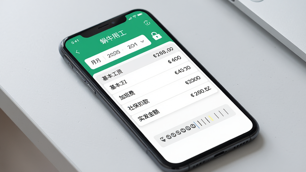 一部手机放置在桌面上,屏幕显示“蜗牛用工”App的工资表页面,表格中列有基本工资、加班费、社保扣款、实发金额等条目,页面顶部有月份选择器和锁形图标,背景为浅灰色桌面,风格为清新商务风,细节包括数字对齐、货币符号、密码输入框,画质清晰,无多余元素
