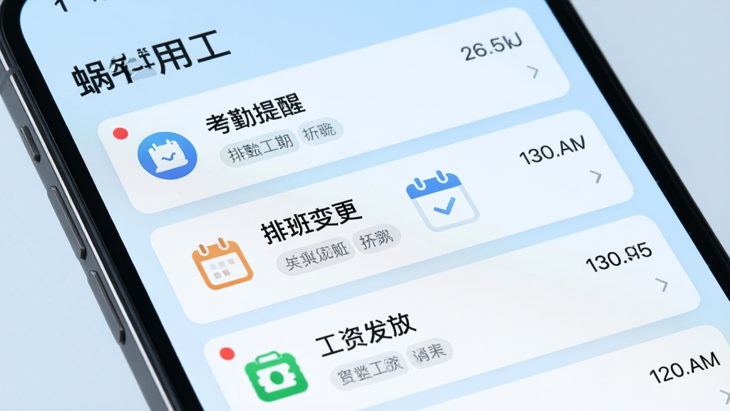 手机屏幕特写,展示“蜗牛用工”App的消息通知列表,页面中有多条通知卡片,分别标注“考勤提醒”“排班变更”“工资发放”等标签,每张卡片左侧有对应图标,右侧显示时间,背景为淡蓝色渐变,风格为轻量卡片式设计,细节包括未读红点、分类标签、时间戳,画质清晰,无杂乱元素