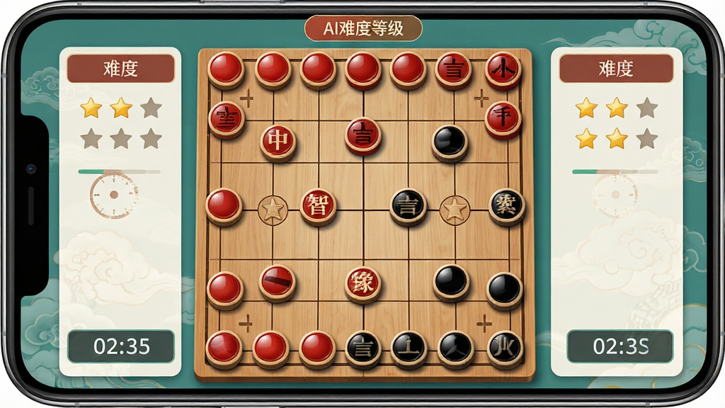 全民免费象棋AI对弈界面,主体为手机屏幕内中国象棋棋盘,红方棋子与黑方棋子分列两侧,棋盘上方显示AI难度等级标签,布局为居中棋盘加两侧信息面板,排版对称工整,风格为清新简约的中国风,细节包括棋子高光、棋盘木纹、难度星级图标、计时器数字,画质高清,干净,无多余元素
