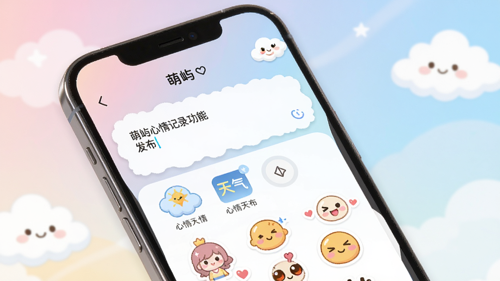 萌屿心情记录功能展示,画面中一部手机显示萌屿应用的心情发布页面,界面中有文字输入框、心情天气选择图标和可爱的表情贴纸,背景是柔和的渐变色与卡通云朵,整体风格清新可爱,画质高清,干净整洁,无多余元素