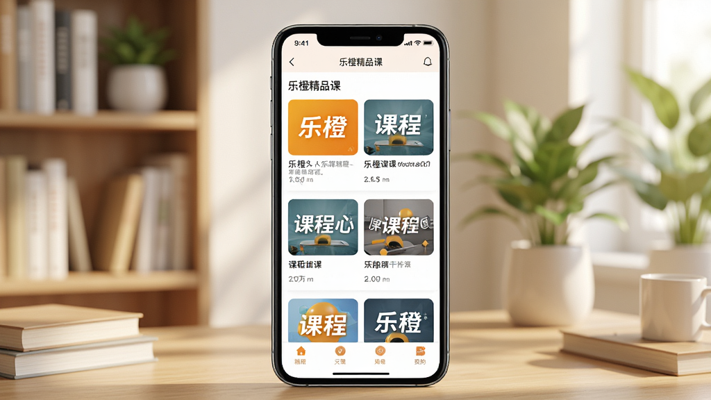 一张展示乐橙精品课手机应用界面的场景图,画面中央是一部智能手机,屏幕显示乐橙精品课APP的课程列表页面,有多个课程封面卡片整齐排列,背景是温馨的书房环境,有书架和绿植点缀,整体风格清新明亮,细节丰富,画质清晰干净,无多余元素