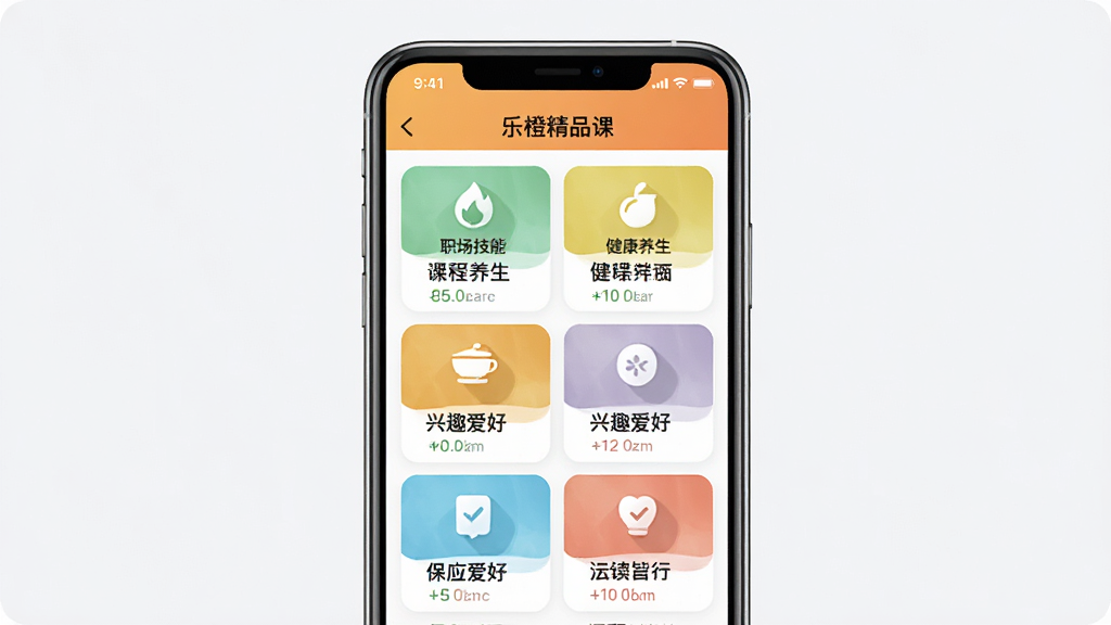 一张展示乐橙精品课APP内课程分类页面的图片,画面主体是手机屏幕,屏幕上显示多个课程分类标签如职场技能、健康养生、兴趣爱好等,每个分类配有图标和课程数量,布局清晰,排版整齐,风格简洁现代,画质高清,干净无多余元素,图片中文字包含“乐橙精品课”