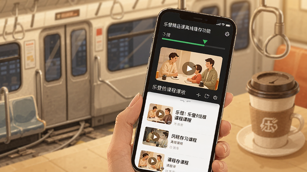 一张展示乐橙精品课离线缓存功能的示意图,画面中一部手机正在下载课程视频,屏幕上有下载进度条和已缓存课程列表,旁边有地铁和咖啡杯等元素暗示移动学习场景,风格温暖舒适,细节清晰,画质干净,无多余元素